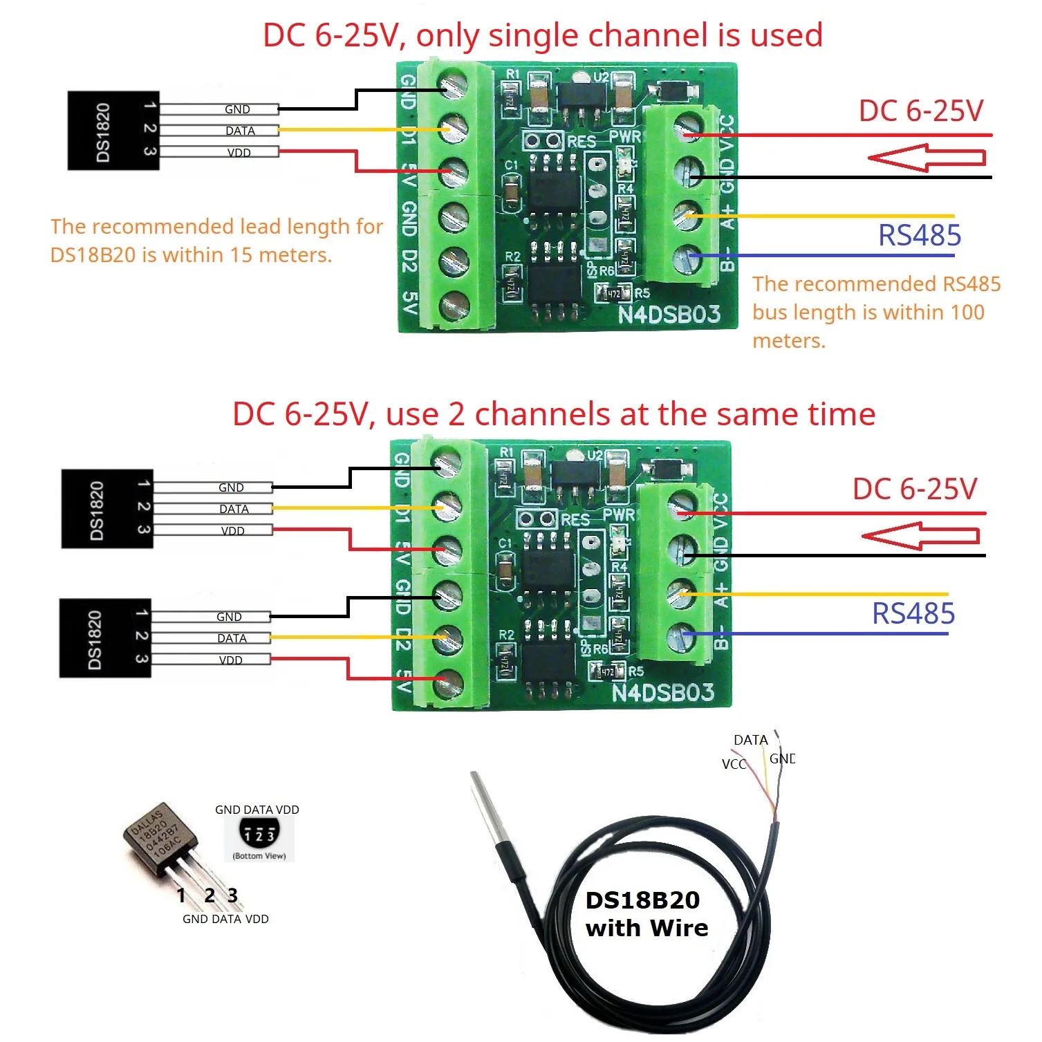 Ds18B20 Temperature Sensor - -55 ila +125C DS18B20 Sensörü 1-2CH